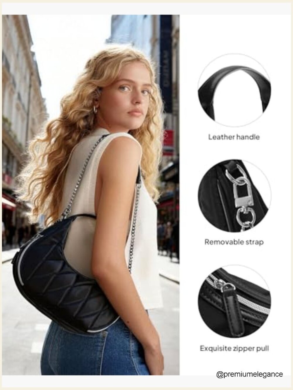 Quilted Nylon Crescent Crossbody Bag with Chain Strap, Lightweight Hobo Purse - Picture 6 of 7